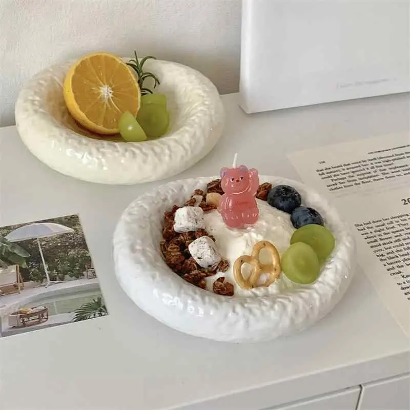Irregular Stone Relief Ceramic Dessert Plate Exquisite Western Food Plates Solid Colour Cake Disc Tableware
