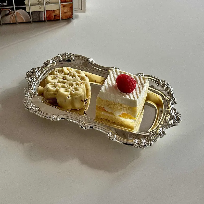European Retro Stainless Steel Dessert Plate Cafe Cake Dish Exquisite Pastry Disc Jewelry Storage Ornaments