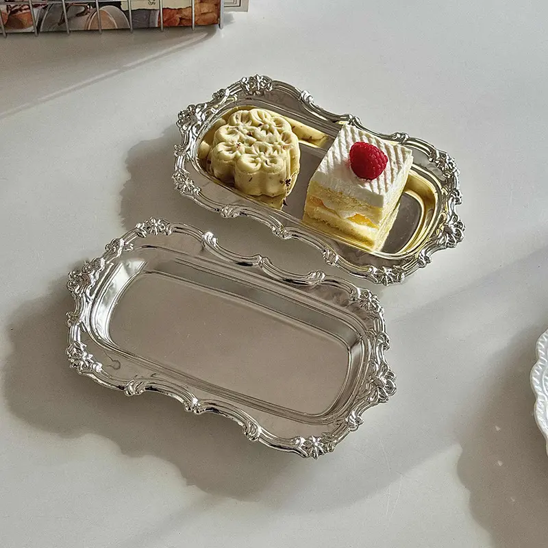 European Retro Stainless Steel Dessert Plate Cafe Cake Dish Exquisite Pastry Disc Jewelry Storage Ornaments