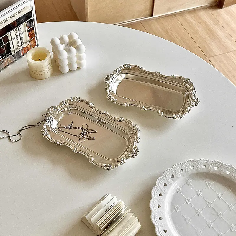 European Retro Stainless Steel Dessert Plate Cafe Cake Dish Exquisite Pastry Disc Jewelry Storage Ornaments