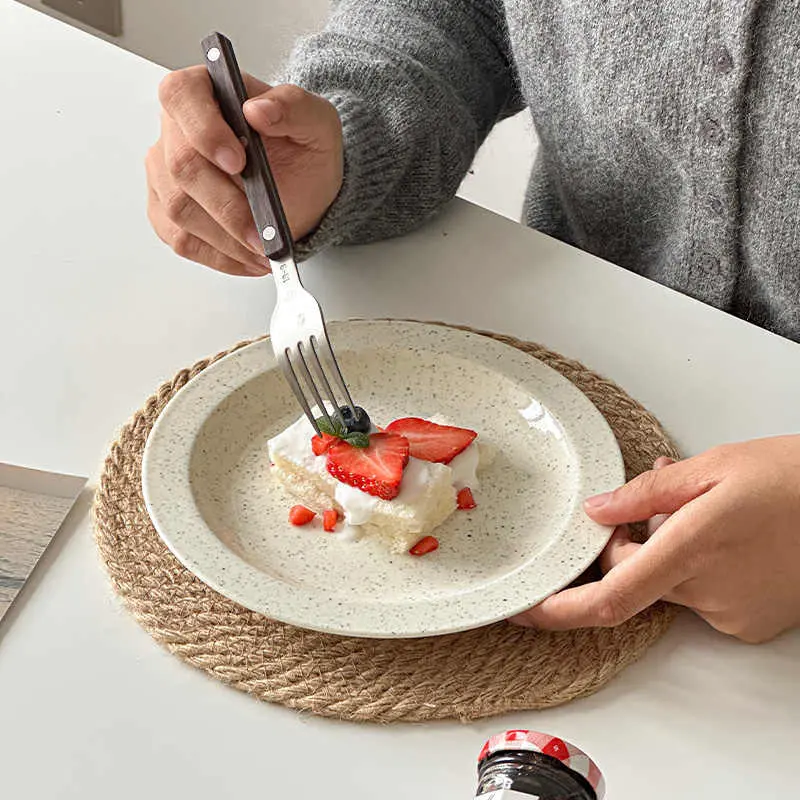 18.5cm Sesame Dot Ceramic Flat Plate Household Simple Breakfast Disc Afternoon Tea Snack Pastry Dish Tableware