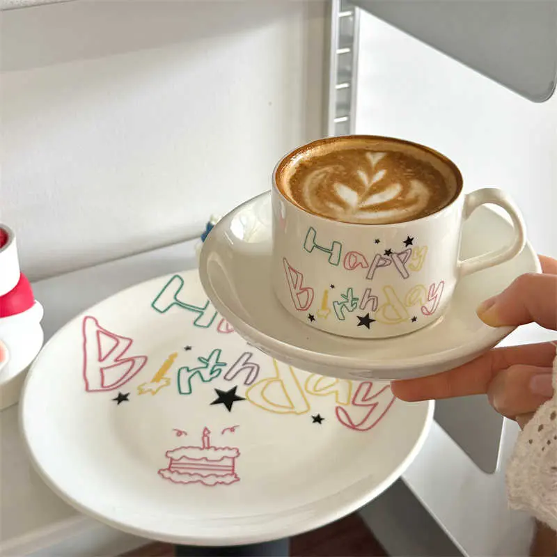 Korean Ceramic Coffee Cups And Saucers Dessert Plates Creative Birthday Gift Girls Printing Milk Cup Breakfast Plate