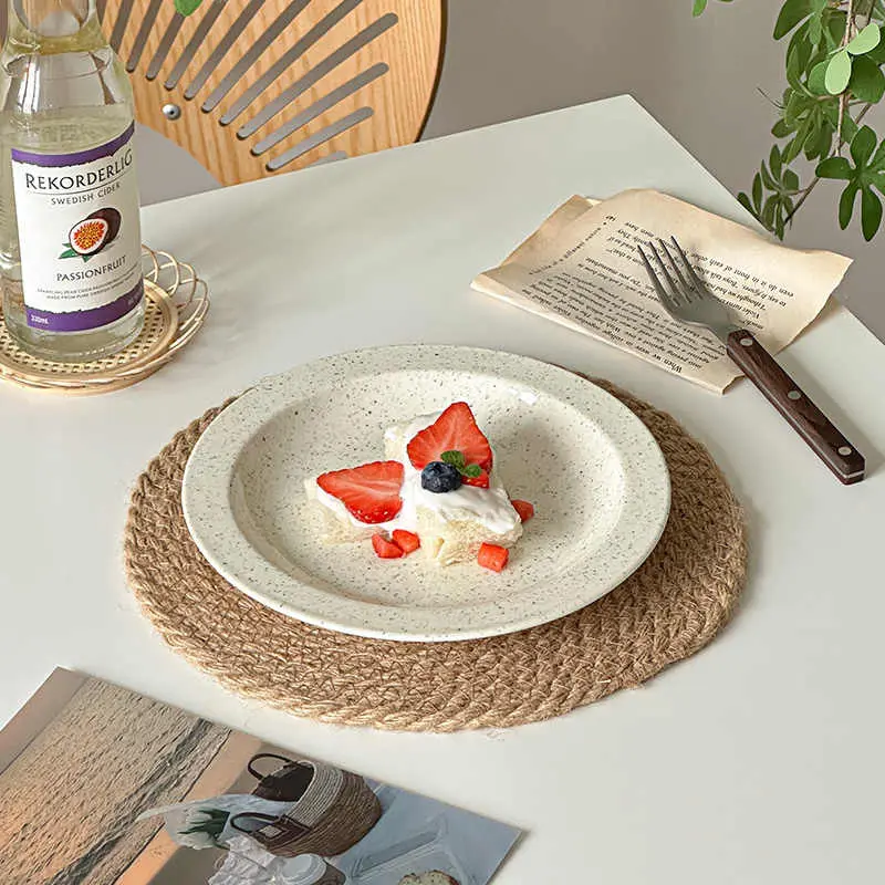 18.5cm Sesame Dot Ceramic Flat Plate Household Simple Breakfast Disc Afternoon Tea Snack Pastry Dish Tableware