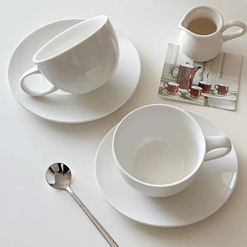 White Ceramic Coffee Cup Saucer Afternoon Tea Drinkware Simple 300ml Breakfast Cup Snack Plate