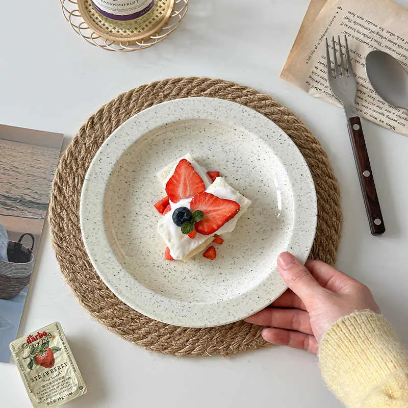 18.5cm Sesame Dot Ceramic Flat Plate Household Simple Breakfast Disc Afternoon Tea Snack Pastry Dish Tableware