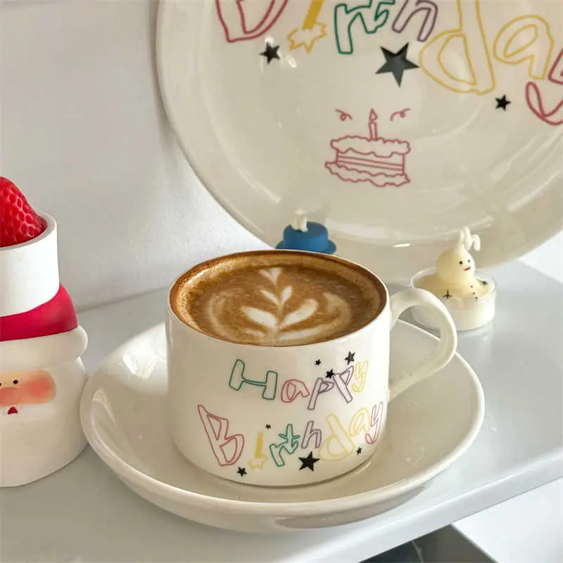Korean Ceramic Coffee Cups And Saucers Dessert Plates Creative Birthday Gift Girls Printing Milk Cup Breakfast Plate