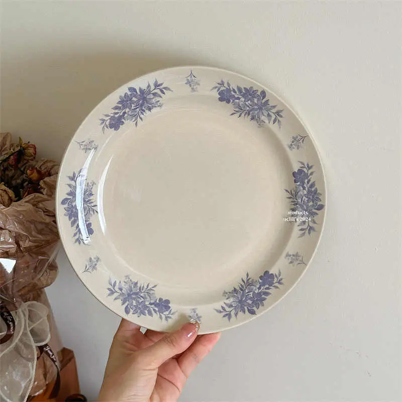 Vintage Printed Ceramic Dinner Dish Household Dessert Spaghetti Snack Plate Breakfast Bread Plates 23cm