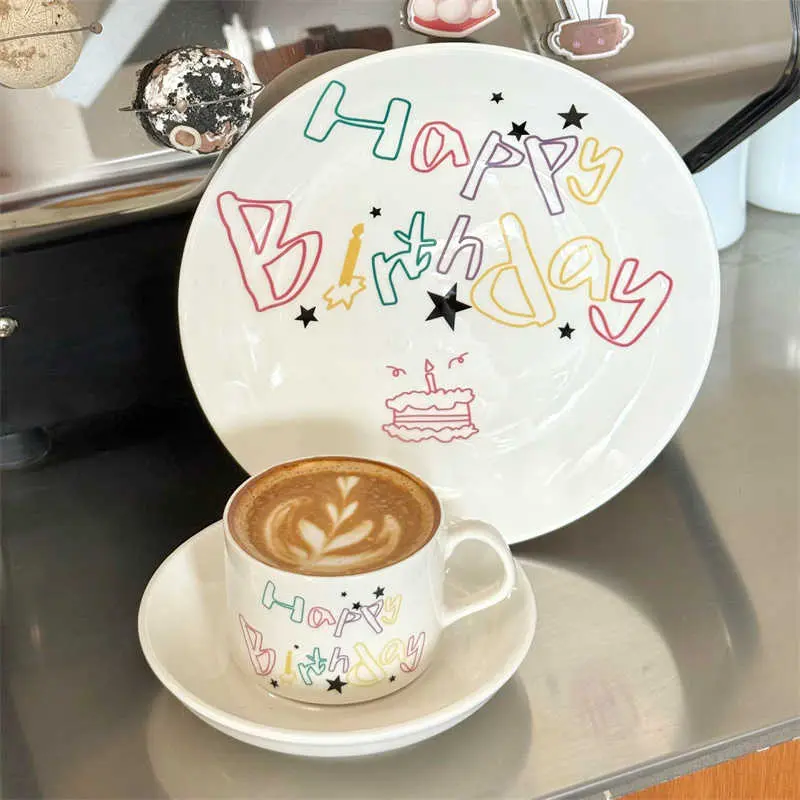 Korean Ceramic Coffee Cups And Saucers Dessert Plates Creative Birthday Gift Girls Printing Milk Cup Breakfast Plate