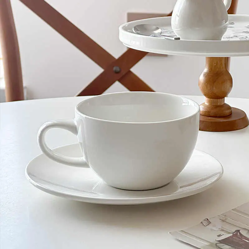 White Ceramic Coffee Cup Saucer Afternoon Tea Drinkware Simple 300ml Breakfast Cup Snack Plate