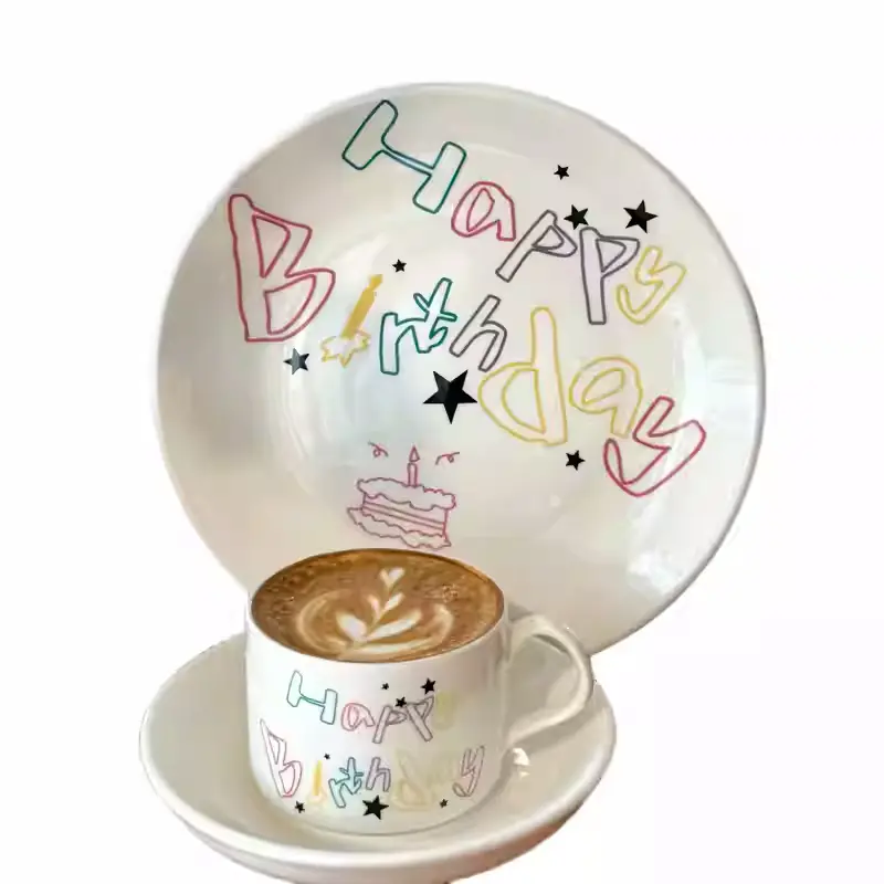 Korean Ceramic Coffee Cups And Saucers Dessert Plates Creative Birthday Gift Girls Printing Milk Cup Breakfast Plate