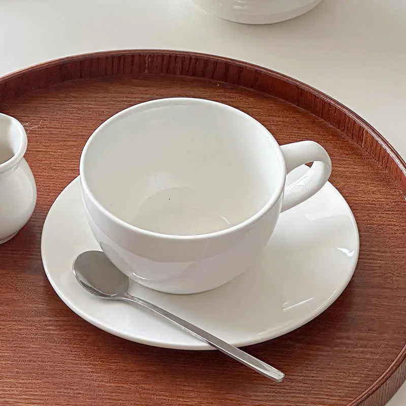 White Ceramic Coffee Cup Saucer Afternoon Tea Drinkware Simple 300ml Breakfast Cup Snack Plate