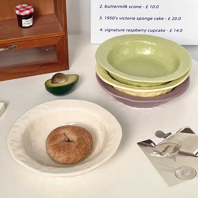 Solid Colour Ceramic Straw Hat Plate Household Fruit Salad Plates Breakfast Dessert Tray Simple Pasta Dish Tableware