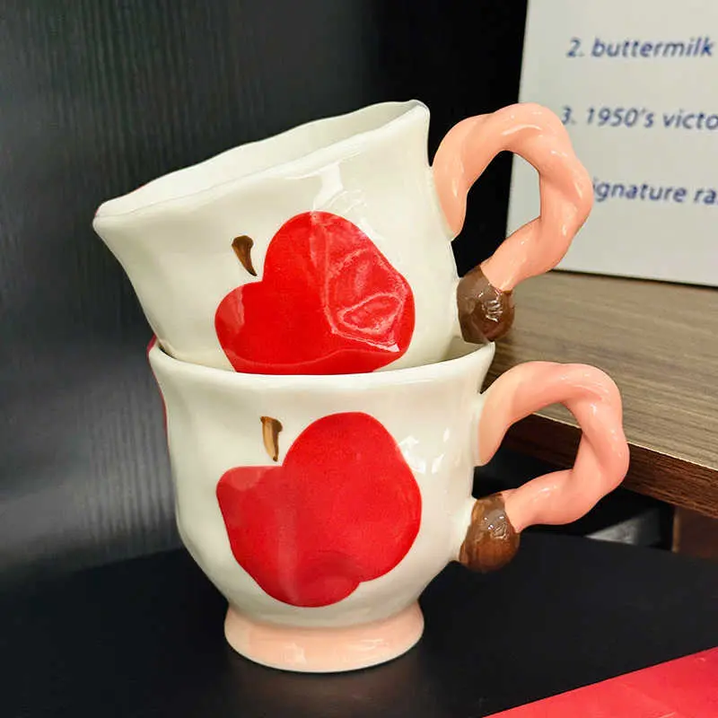 360ml Ceramic Apple Printed Mug Spoon Delicate Breakfast Oatmeal Milk Cup Office Coffee Cup Girls Gift Household Drinkware