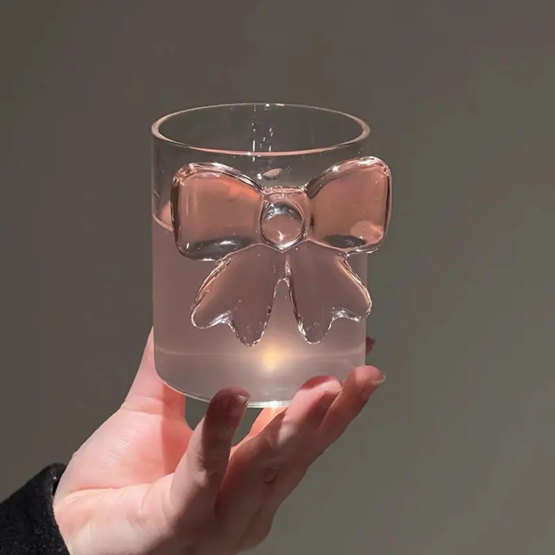 300ml Cute Pink Bow Glass Cup Drinkware Transparent Summer Cold Drink Cup Household Breakfast Milk Juice Coffee Cup Gift