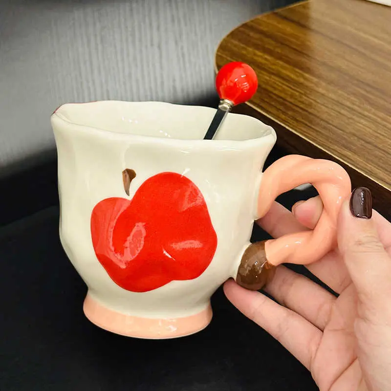 360ml Ceramic Apple Printed Mug Spoon Delicate Breakfast Oatmeal Milk Cup Office Coffee Cup Girls Gift Household Drinkware