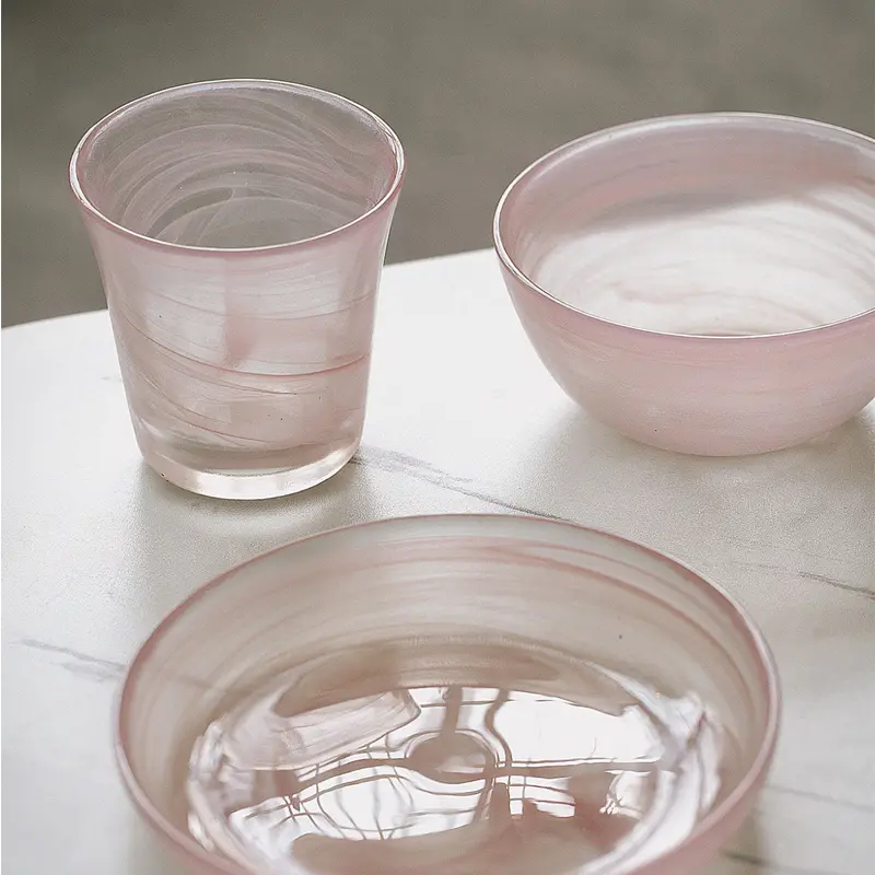 Pink Ink Glass Bowls Latte Coffee Hand-held Mug Drinking Utensils Afternoon Tea Snack Pastry Round Plate Kitchen Tableware