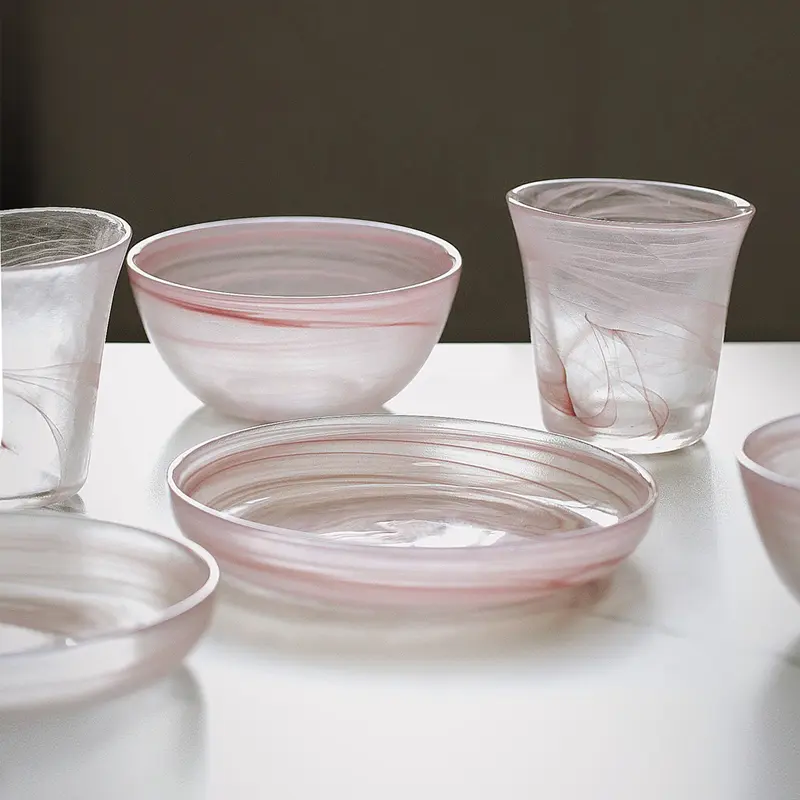 Pink Ink Glass Bowls Latte Coffee Hand-held Mug Drinking Utensils Afternoon Tea Snack Pastry Round Plate Kitchen Tableware
