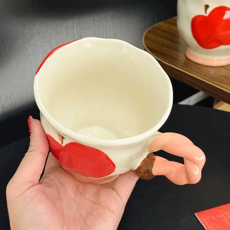 360ml Ceramic Apple Printed Mug Spoon Delicate Breakfast Oatmeal Milk Cup Office Coffee Cup Girls Gift Household Drinkware