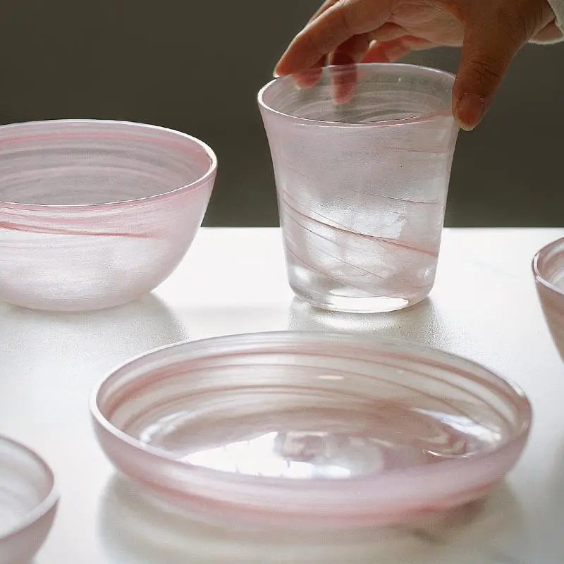 Pink Ink Glass Bowls Latte Coffee Hand-held Mug Drinking Utensils Afternoon Tea Snack Pastry Round Plate Kitchen Tableware