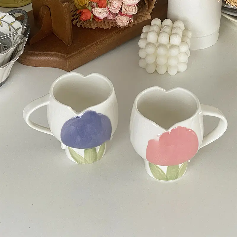 340ml Hand-painted Tulip Mug Korean Ceramic Latte Coffee Cup Home Breakfast Milk Oatmeal Cups Drink Ware