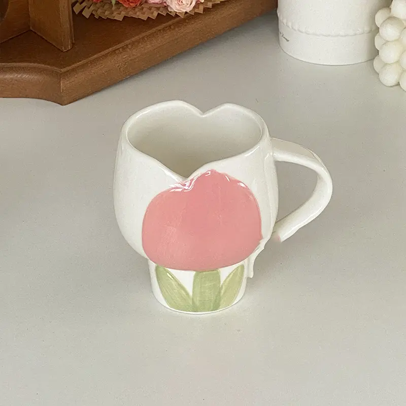 340ml Hand-painted Tulip Mug Korean Ceramic Latte Coffee Cup Home Breakfast Milk Oatmeal Cups Drink Ware