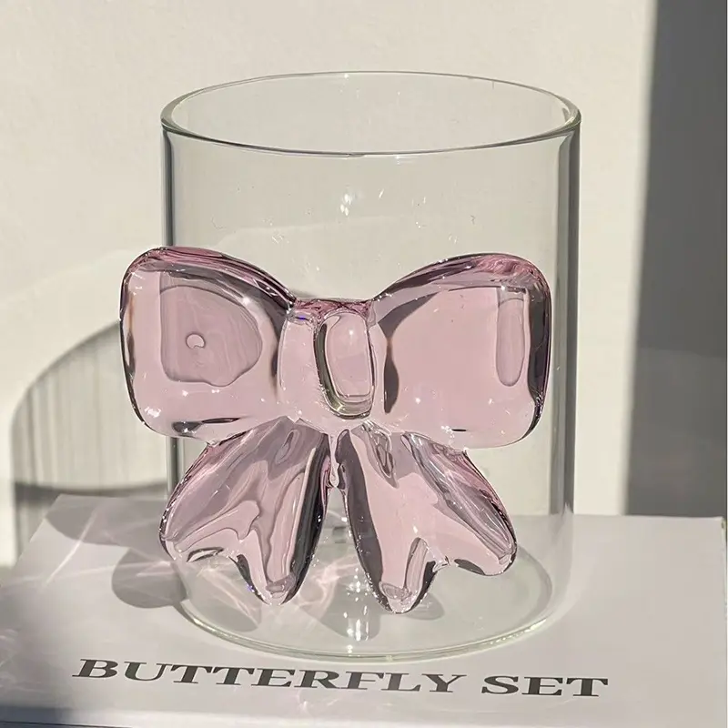 300ml Cute Pink Bow Glass Cup Drinkware Transparent Summer Cold Drink Cup Household Breakfast Milk Juice Coffee Cup Gift