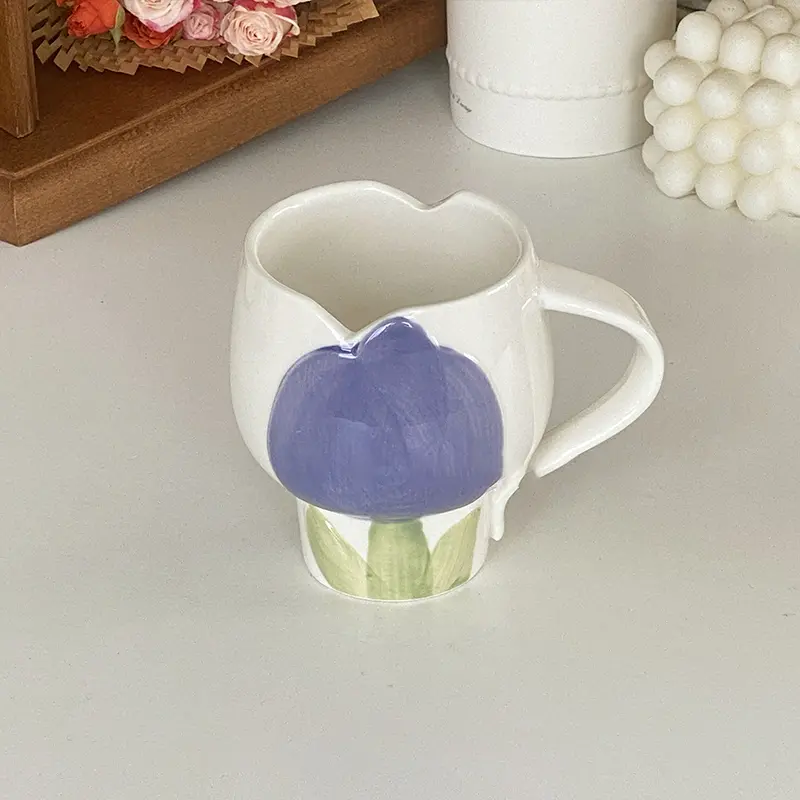 340ml Hand-painted Tulip Mug Korean Ceramic Latte Coffee Cup Home Breakfast Milk Oatmeal Cups Drink Ware