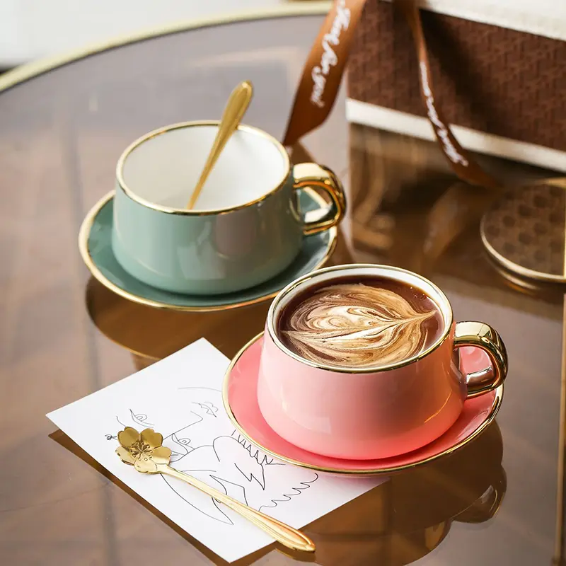 European Light Luxury Ceramic Coffee Cups And Saucers Gold Rimmed Afternoon Tea Drinkware Household Creative Cups Snack Plates