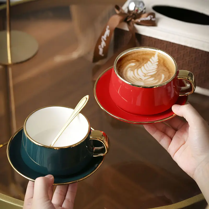 European Light Luxury Ceramic Coffee Cups And Saucers Gold Rimmed Afternoon Tea Drinkware Household Creative Cups Snack Plates