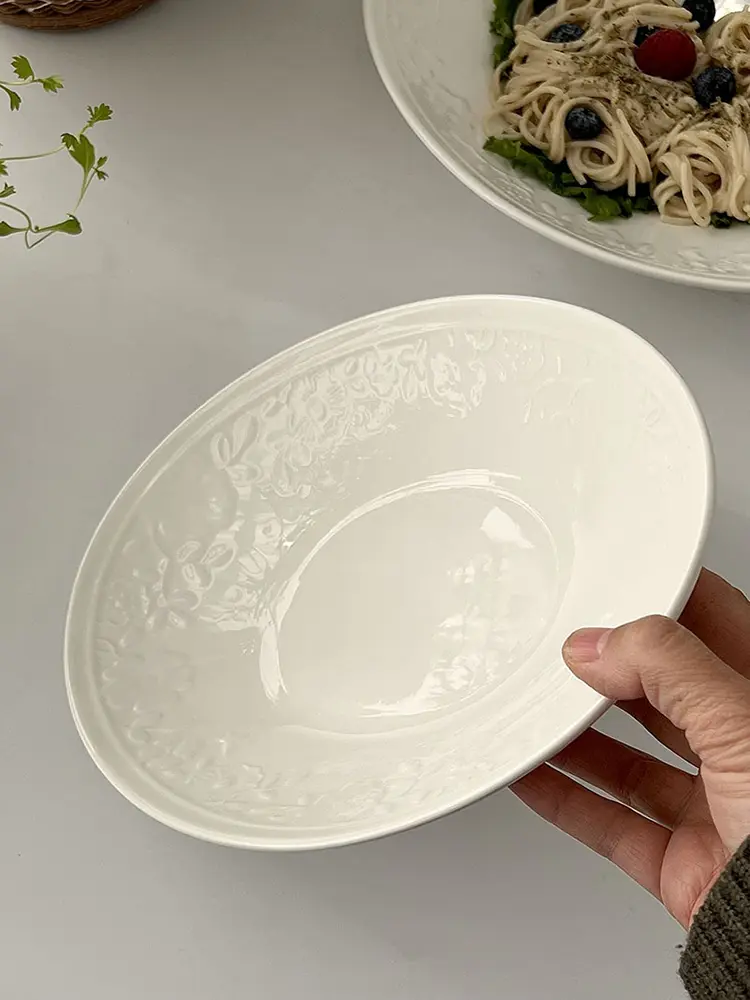 Embossed Oval White Plate Light Luxury Ceramic Deep Plate Salad Breakfast Plate Home Spaghetti Plate Kitchen Tableware