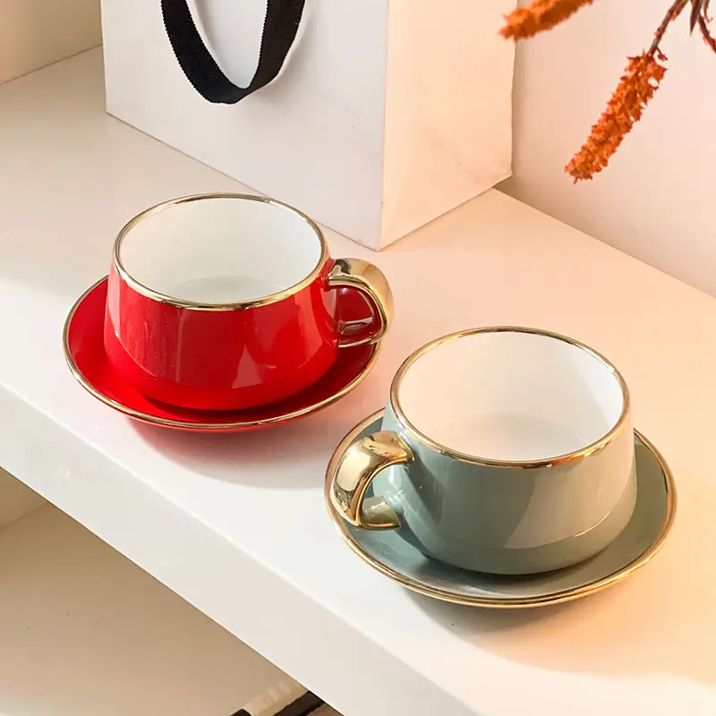 European Light Luxury Ceramic Coffee Cups And Saucers Gold Rimmed Afternoon Tea Drinkware Household Creative Cups Snack Plates
