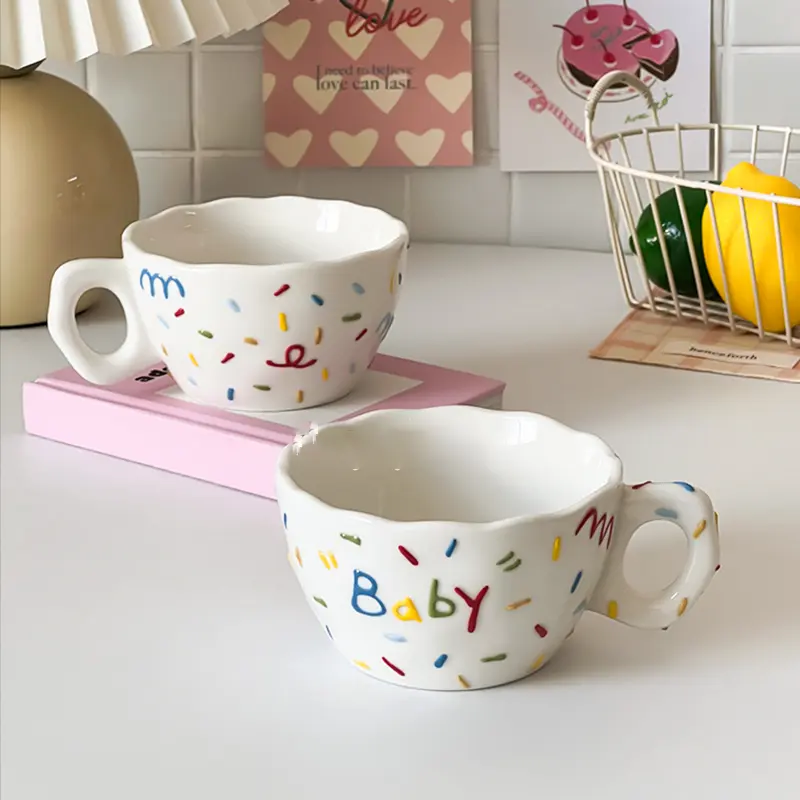 Cute Embossed Ceramic Mug Student Dormitory Daily Drinking Cups Household Breakfast Milk Oatmeal Coffee Cup 250ml Birthday Gift