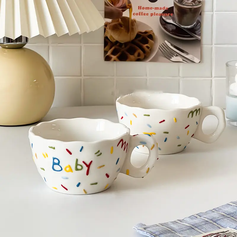 Cute Embossed Ceramic Mug Student Dormitory Daily Drinking Cups Household Breakfast Milk Oatmeal Coffee Cup 250ml Birthday Gift