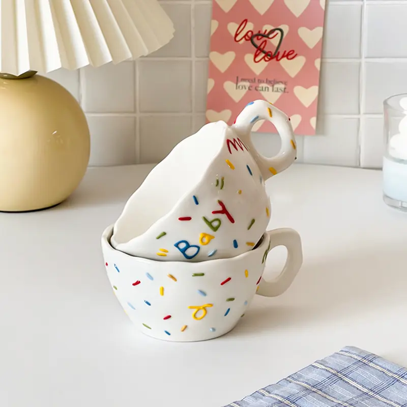 Cute Embossed Ceramic Mug Student Dormitory Daily Drinking Cups Household Breakfast Milk Oatmeal Coffee Cup 250ml Birthday Gift