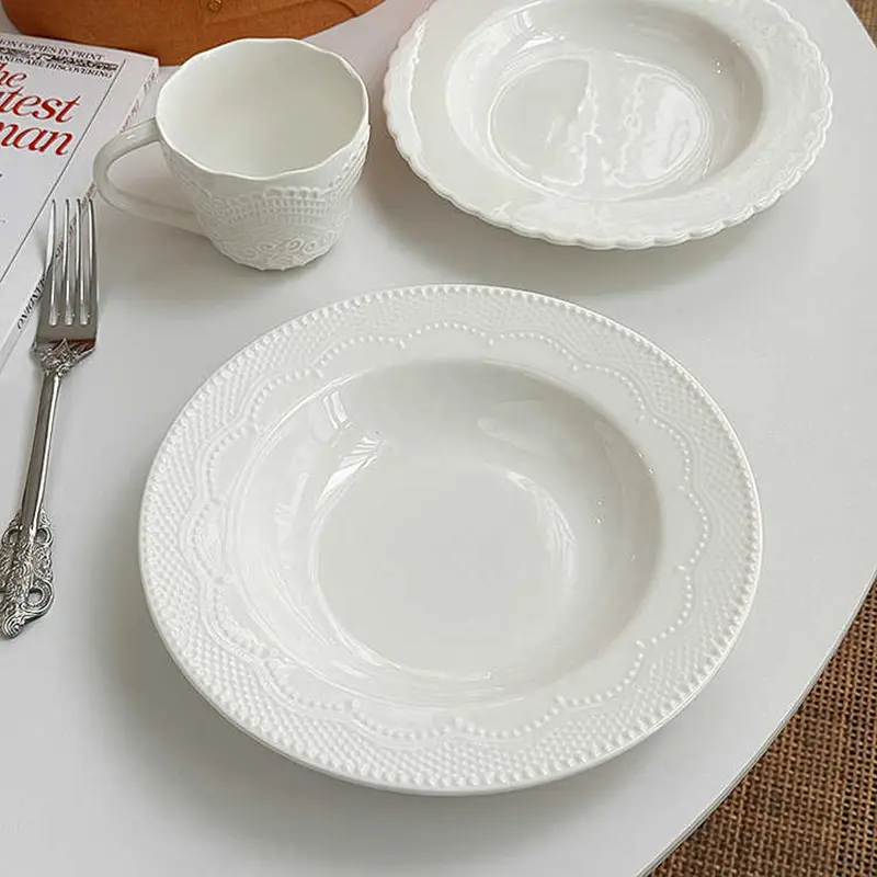 French Exquisite Ceramic Western Food Plate White Dessert Tray Solid Colour Simple Breakfast Plates Household Pastry Dish
