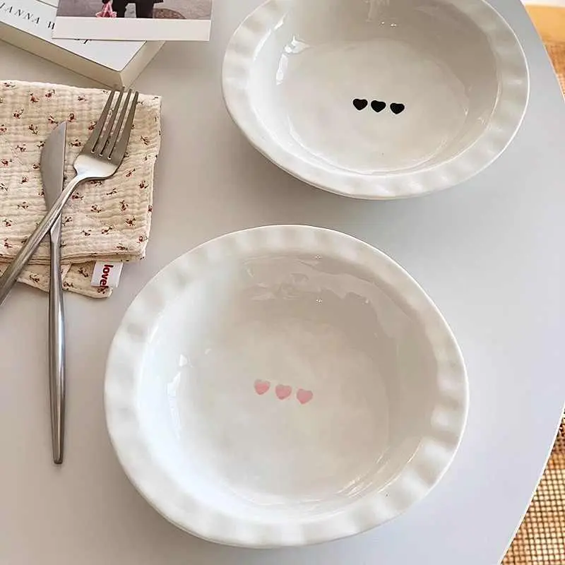 Simple Heart Printed Ceramic Straw Hat Plate Irregular Underglaze Soup Tray Household Dessert Pastry Deep Dish Tableware