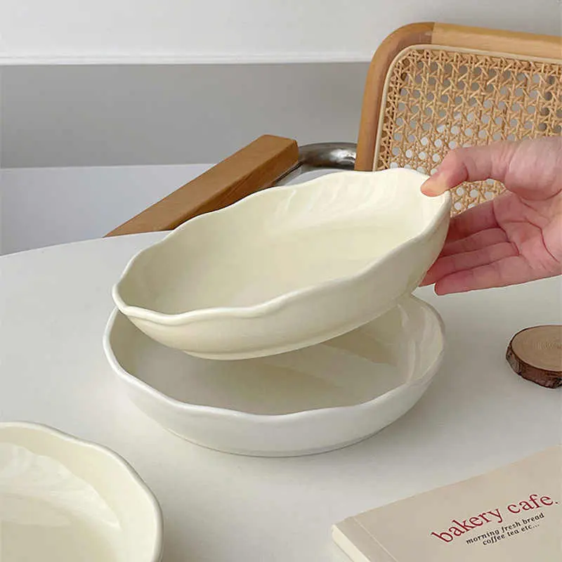 Round Lace Ceramic Dish Solid Colour Simple Western Spaghetti Plates Household Dessert Salad Tray Tableware