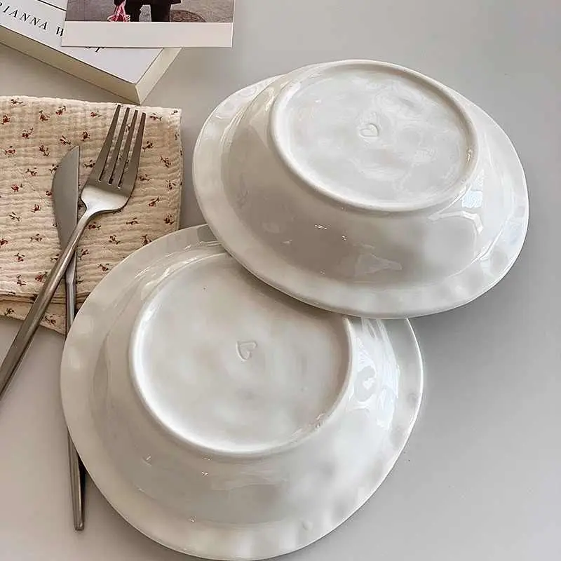 Simple Heart Printed Ceramic Straw Hat Plate Irregular Underglaze Soup Tray Household Dessert Pastry Deep Dish Tableware