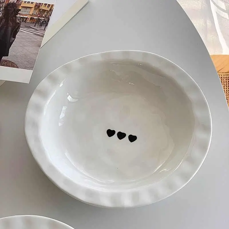 Simple Heart Printed Ceramic Straw Hat Plate Irregular Underglaze Soup Tray Household Dessert Pastry Deep Dish Tableware