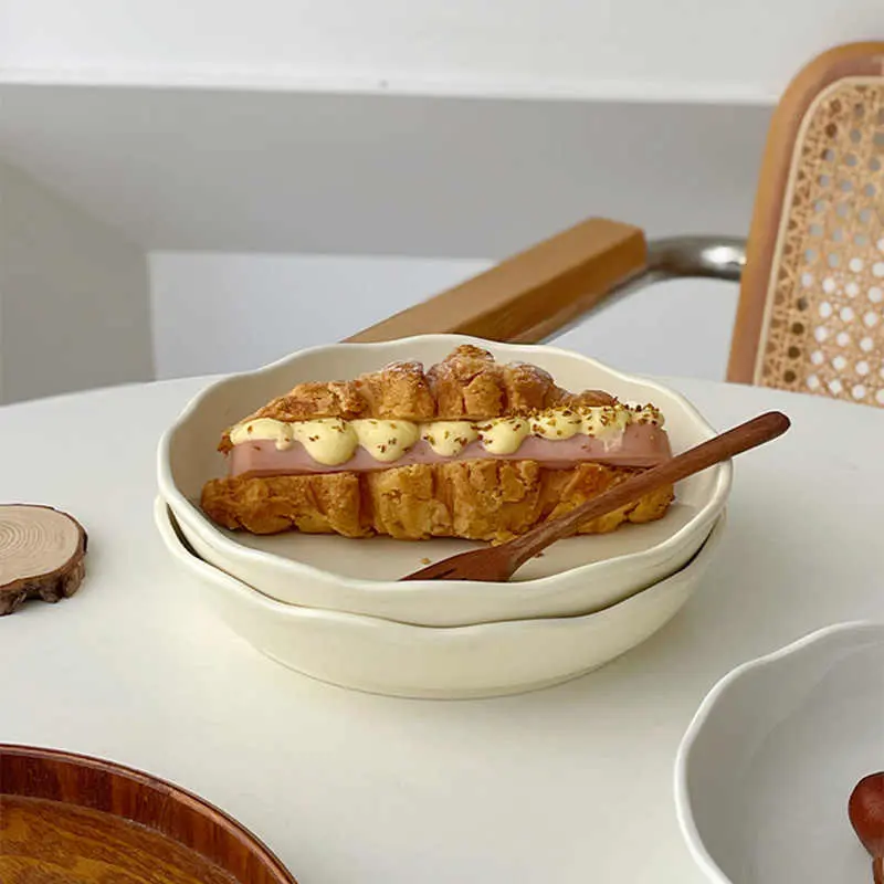 Round Lace Ceramic Dish Solid Colour Simple Western Spaghetti Plates Household Dessert Salad Tray Tableware