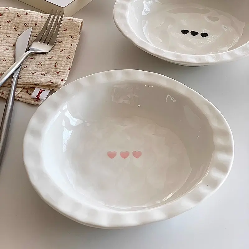 Simple Heart Printed Ceramic Straw Hat Plate Irregular Underglaze Soup Tray Household Dessert Pastry Deep Dish Tableware