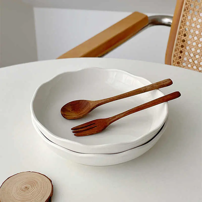 Round Lace Ceramic Dish Solid Colour Simple Western Spaghetti Plates Household Dessert Salad Tray Tableware