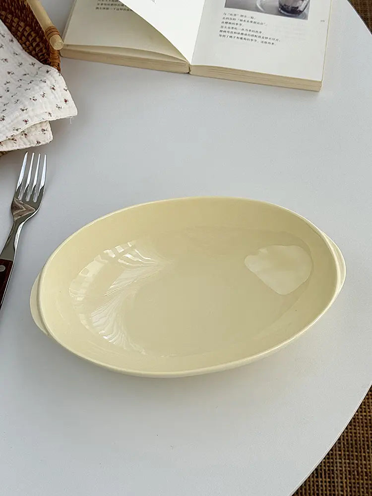 French Simple Ceramic Binaural Oval Plate Solid Colour Fruit Salad Plate Household Fish Plate Deep Plate Bread Plate Tableware