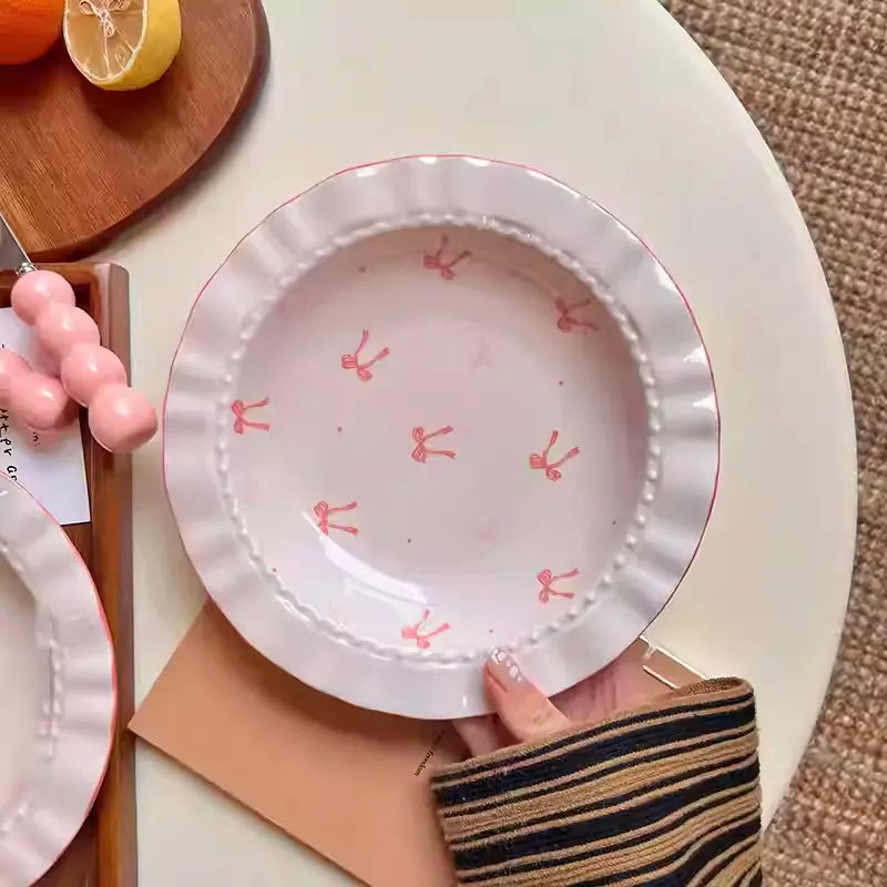 Pink Bow Plate Exquisite Ceramic Breakfast Plates Household Western Food Spaghetti Deep Dish Dessert Cake Tray
