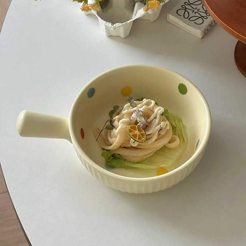 Polka Dot Fruit Salad Bowl With Handle Underglaze Cute Ceramic Bowl Fruit Snack Bowl Noodle Bowls Tableware