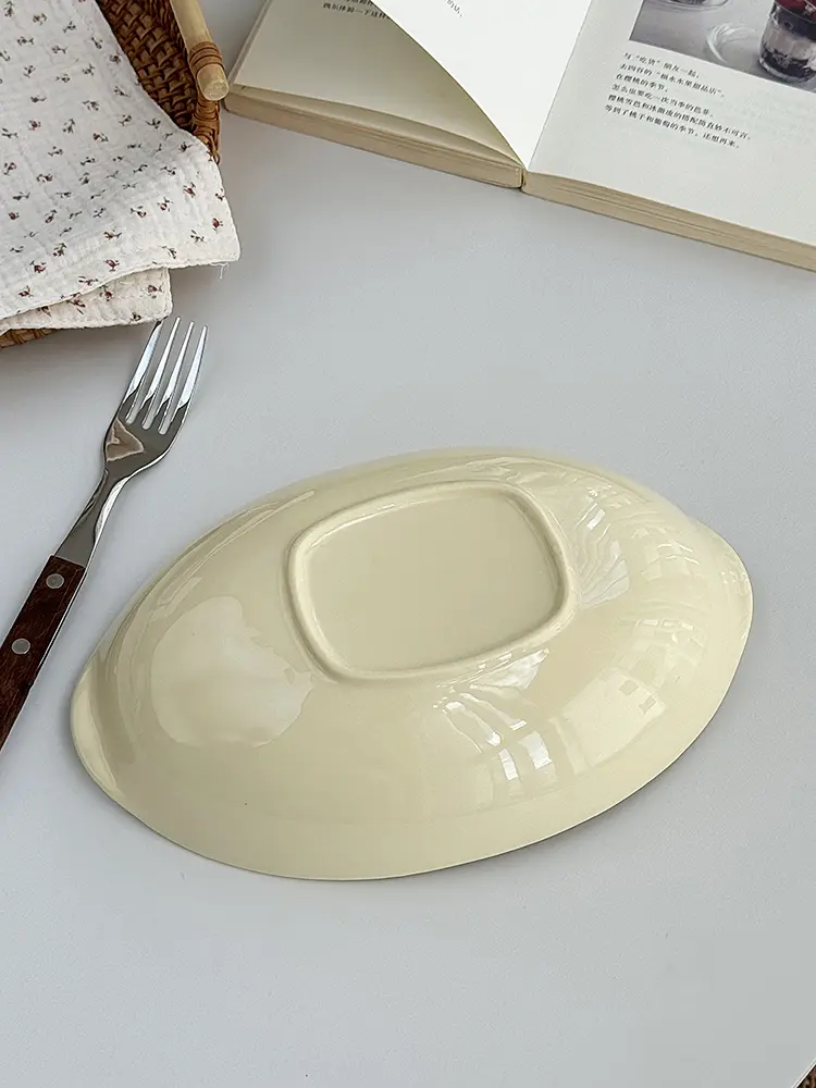 French Simple Ceramic Binaural Oval Plate Solid Colour Fruit Salad Plate Household Fish Plate Deep Plate Bread Plate Tableware