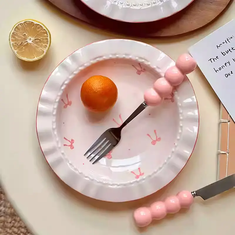 Pink Bow Plate Exquisite Ceramic Breakfast Plates Household Western Food Spaghetti Deep Dish Dessert Cake Tray
