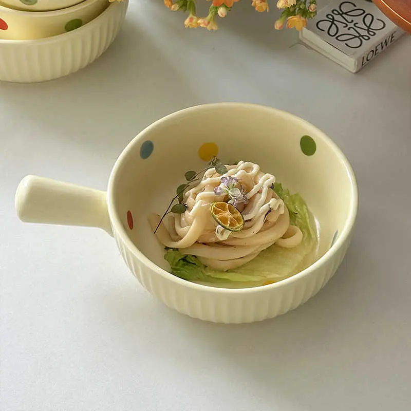 Polka Dot Fruit Salad Bowl With Handle Underglaze Cute Ceramic Bowl Fruit Snack Bowl Noodle Bowls Tableware