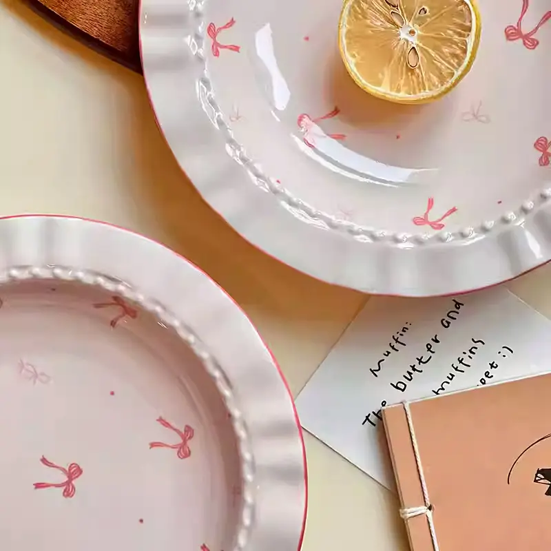 Pink Bow Plate Exquisite Ceramic Breakfast Plates Household Western Food Spaghetti Deep Dish Dessert Cake Tray