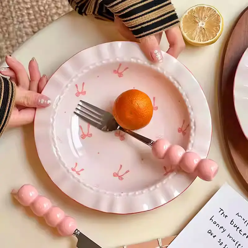 Pink Bow Plate Exquisite Ceramic Breakfast Plates Household Western Food Spaghetti Deep Dish Dessert Cake Tray